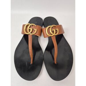 Gucci Women's Brown Marmont Leather Thong Sandals Flip Flops Double GG Size 39